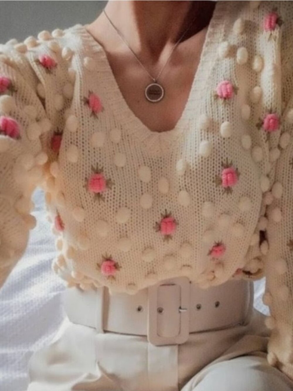 Zara rare beige pink pompom rosette buds fairy romantic cottage crop sweater S